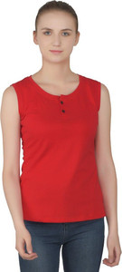 GEUM Solid Women Henley Neck Red T-Shirt