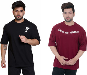 E-MAX Typography Men Round Neck Black, Maroon T-Shirt