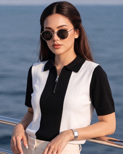 Try Colorblock Women Zip Neck Black T-Shirt - Image 3