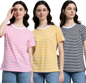 Nimoes Striped Women Round Neck Black, Pink, Yellow T-Shirt