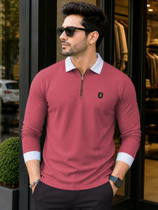 VeBNoR Colorblock Men Zip Neck Pink T-Shirt