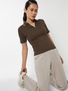MAX Solid Women Polo Neck Brown T-Shirt