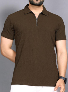 sti Self Design Men Zip Neck Green T-Shirt