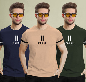TRIPR Printed Men Round Neck Navy Blue, Beige, Dark Green T-Shirt