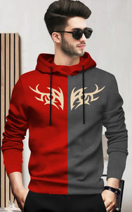 BLIVE Printed Men Hooded Neck Red, Grey T-Shirt