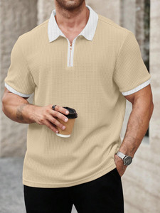KAJARU Self Design Men Polo Neck Beige, White T-Shirt