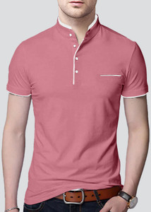 AUSK Solid Men Mandarin Collar Pink T-Shirt