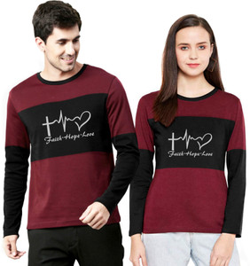 Twinny Zone Solid Couple Round Neck Maroon T-Shirt