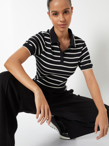MAX Striped Women Polo Neck Black T-Shirt
