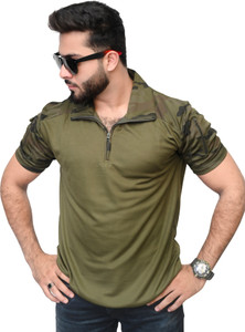 AZYXREN Self Design Men Zip Neck Dark Green T-Shirt