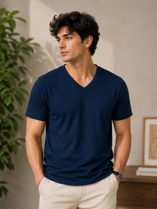 Adyavastram Solid Men V Neck Blue T-Shirt