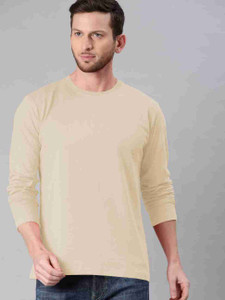 HouseOfCommon Solid Men Round Neck Beige T-Shirt
