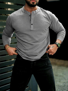 Rufica Self Design Men Mandarin Collar Grey T-Shirt