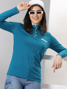 AUSK Women Mandarin Collar Dark Blue T-Shirt - Image 6