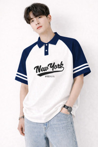 JUGULAR Printed, Colorblock Men Polo Neck White, Navy Blue T-Shirt
