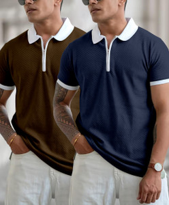 COMBRAIDED Self Design Men Polo Neck Multicolor T-Shirt
