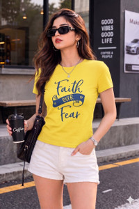 METRONAUT Printed Women Round Neck Yellow, Blue T-Shirt