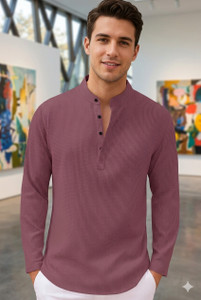 Rufica Solid Men Mandarin Collar Purple T-Shirt