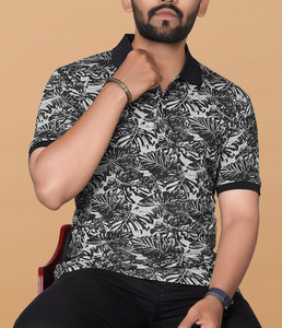 KAJARU Printed Men Polo Neck Black, Grey T-Shirt