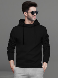 BLIVE Solid Men Hooded Neck Black T-Shirt