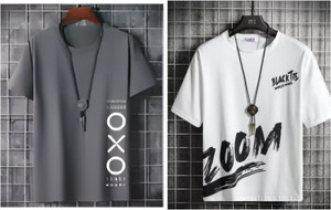 Pachirisu Printed Men Round Neck Grey, White T-Shirt