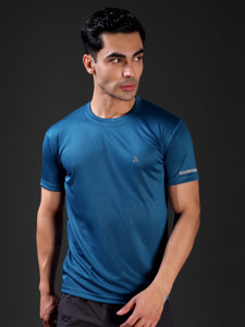 Adrenex Solid Men Round Neck Dark Blue T-Shirt