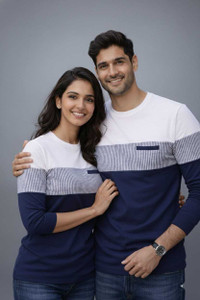seventimes Striped Couple Round Neck Navy Blue T-Shirt