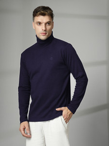 CHKOKKO Solid Men Turtle Neck Blue T-Shirt