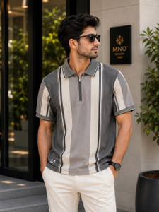 Mno Striped Men Zip Neck Grey T-Shirt - Image 4