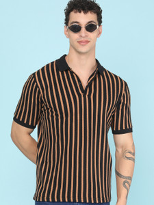 V-MART Striped Men Polo Neck Black T-Shirt - Image 6