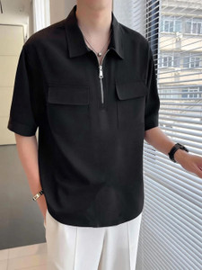 Force Solid Men Zip Neck Black T-Shirt