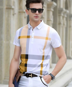 FASHIUM Checkered Men Polo Neck Gold T-Shirt