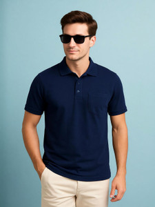 Fleximaa Solid Men Polo Neck Navy Blue T-Shirt