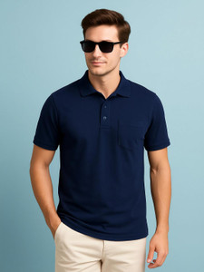 Fleximaa Solid Men Polo Neck Navy Blue T-Shirt