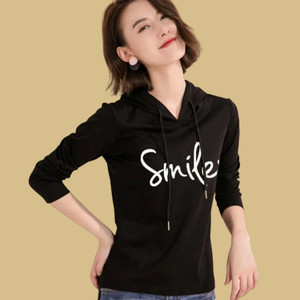 Helpom Printed Women Hooded Neck Black T-Shirt