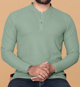 KAJARU Solid Men Mandarin Collar Green T-Shirt