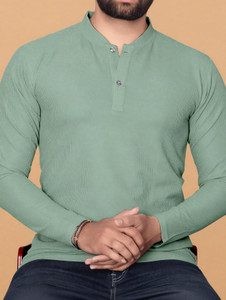 KAJARU Solid Men Mandarin Collar Green T-Shirt