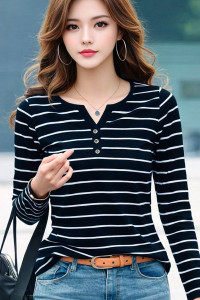 HouseOfCommon Striped Women Henley Neck Black, White T-Shirt