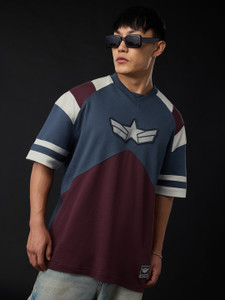 The Souled Store Colorblock Men V Neck Navy Blue T-Shirt