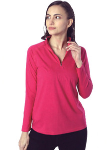 Herway Solid Women Zip Neck Pink T-Shirt