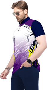 धारी पुरुषों के लिए मैन्डरिन कॉलर प्रिंटेड बैंगनी टी-शर्ट