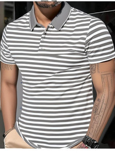 MACK JONNEY Striped Men Polo Neck Grey T-Shirt