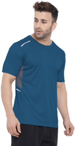 CHKOKKO Solid Men Round Neck Blue T-Shirt