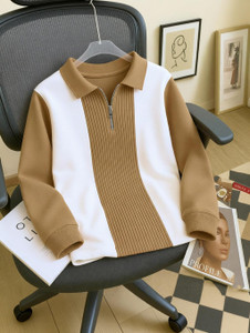 Try This Striped Men Zip Neck Brown T-Shirt