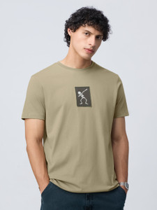 The Souled Store Embroidered Men Round Neck Beige T-Shirt