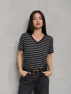 Nilan Tees Wear Striped Women V Neck Black T-Shirt