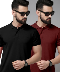 METRONAUT Solid Men Polo Neck Black, Maroon T-Shirt