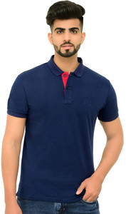 3BROS Solid Men Polo Neck Navy Blue T-Shirt