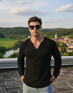 Muskan Creation Solid Men Henley Neck Black T-Shirt