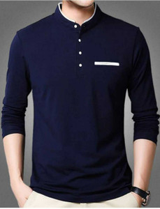 Bell Paper Solid Men Mandarin Collar Dark Blue T-Shirt
